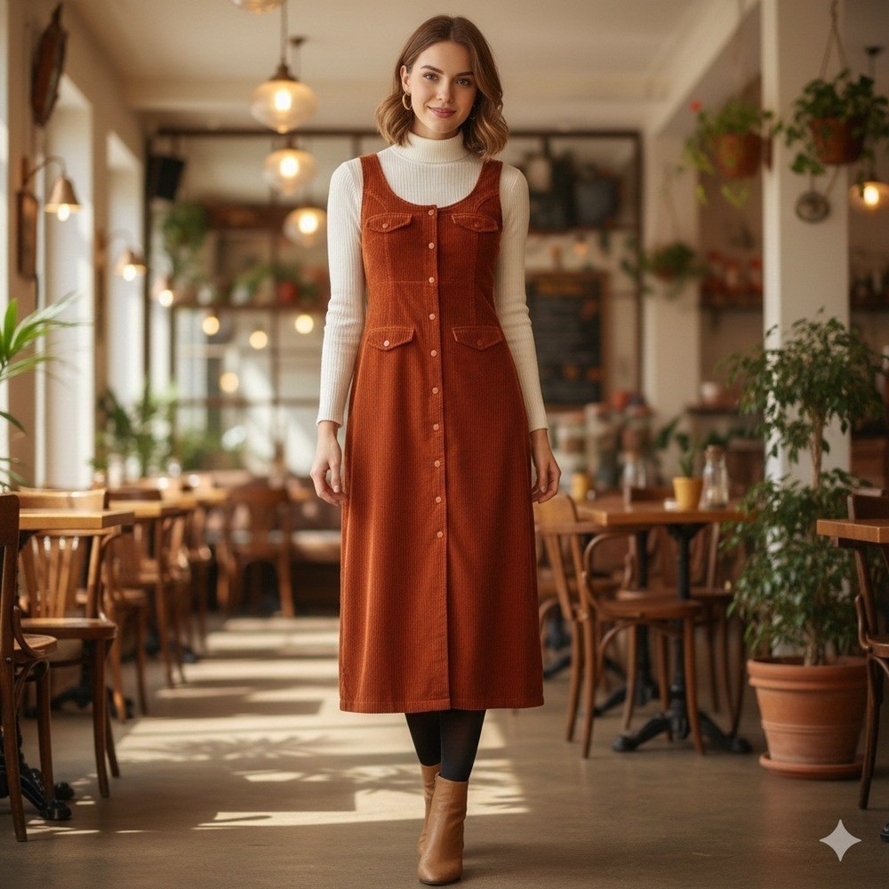 ASOS DENIM Rust Orange Corduroy Button Front Pinafore Midi Dress size 4